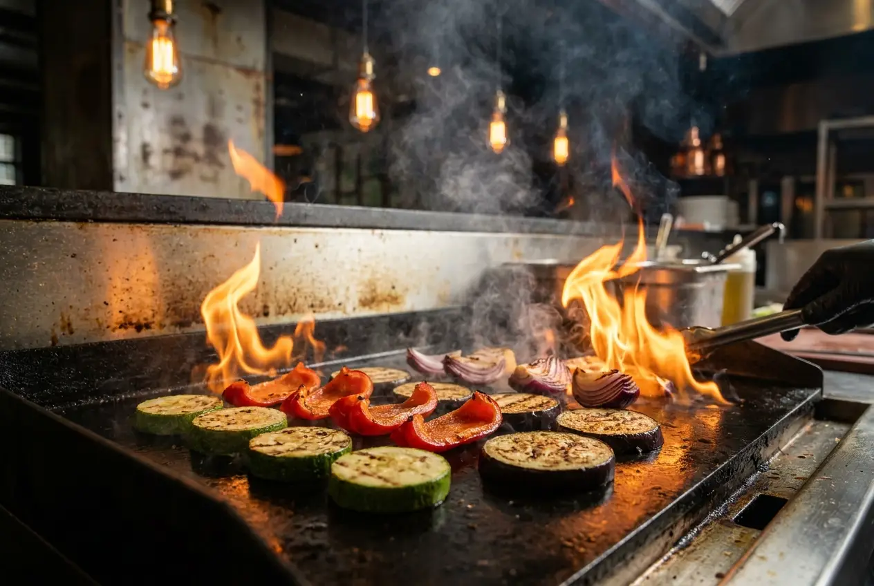 Warzywa skwierczące na grillu w ogniu