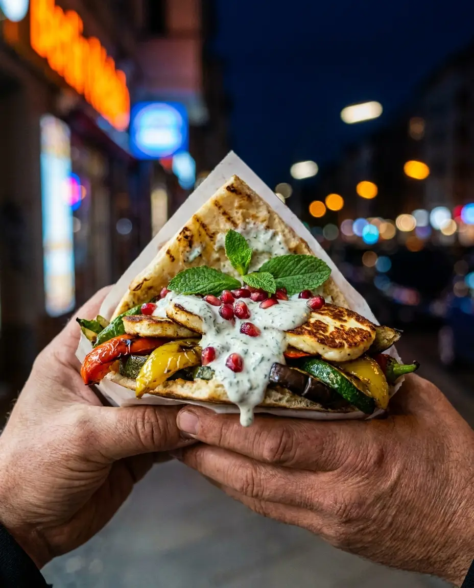 Gemüse kebab w dłoniach — warzywa, halloumi, granat, sos