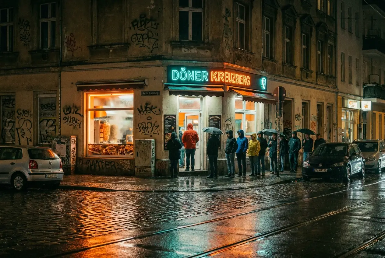 Lokal GEMÜSE nocą — kolejka i neon