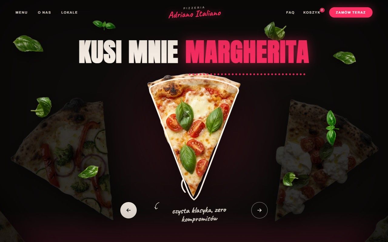 Strona pizzerii Adriano Italiano — ciemne hero z wachlarzem kawałków pizzy i neonowym napisem Kusi mnie Margherita