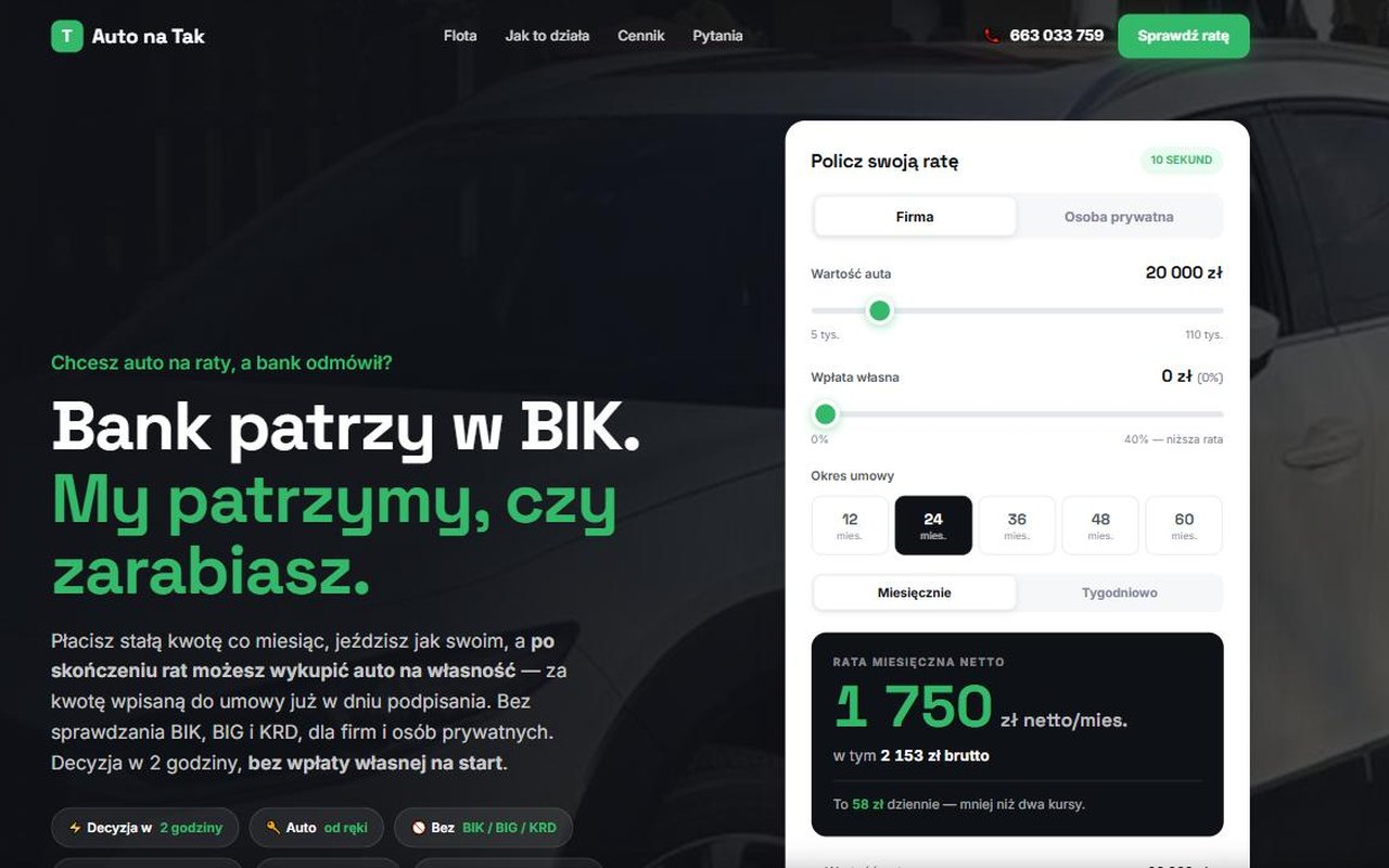 Strona Auto na Tak — ciemne hero z hasłem Bank patrzy w BIK, my patrzymy czy zarabiasz, obok kalkulator raty miesięcznej