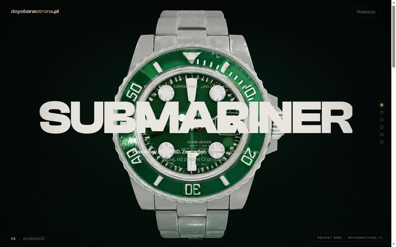 Strona SUBMARINER — zielony zegarek nurkowy 3D z wielką typografią przez środek tarczy