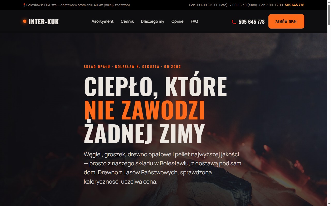 Strona INTER-KUK — ciemne hero z ogniem i hasłem Ciepło, które nie zawodzi żadnej zimy