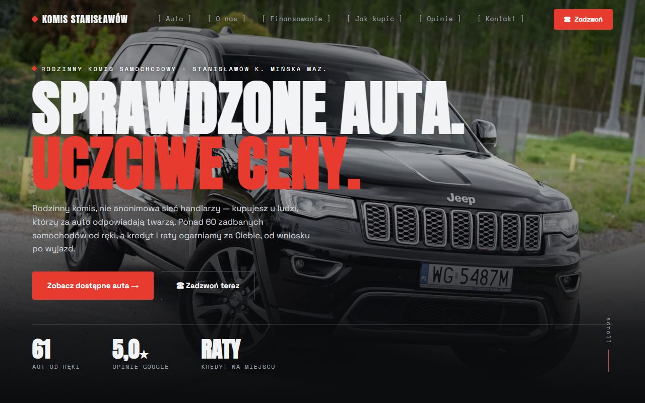 Strona Komisu Stanisławów — ciemne hero ze zdjęciem auta i hasłem Sprawdzone auta, uczciwe ceny