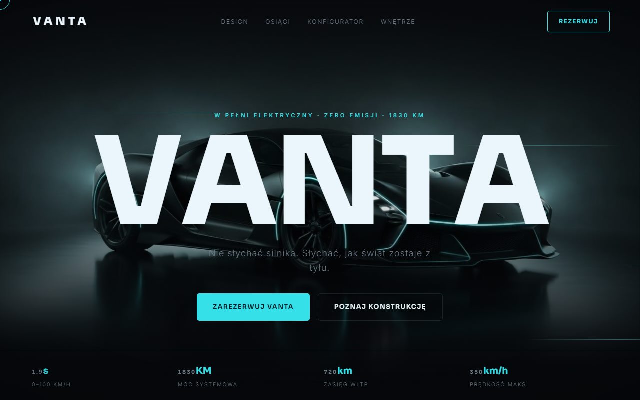 Strona VANTA — czarny elektryczny hipersamochód z liniami świetlnymi i wielką typografią
